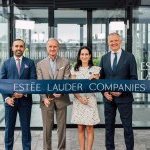 Umair Ansari, VP/GM, Travel Retail EMA, Fabrizio Freda, President and Chief Executive Officer, Jane Lauder, EVP, Enterprise Marketing and Chief Data Officer, and Roberto Canevari, EVP, Global Supply Chain cut the ribbon at the new Galgenen distribution center, in Switzerland. (Photo: The Estée Lauder Company)